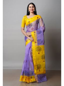 Unnati Silks - Purple Pure Block Printed Kota Cotton Saree with Unstitched Blouse