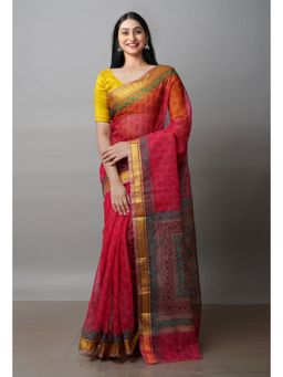 Unnati Silks - Red Pure Block Printed Kota Cotton Saree with Unstitched Blouse