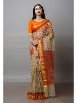 Unnati Silks - Beige Pure Block Printed Kota Cotton Saree with Unstitched Blouse