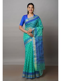 Unnati Silks - Green Pure Block Printed Kota Cotton Saree with Unstitched Blouse