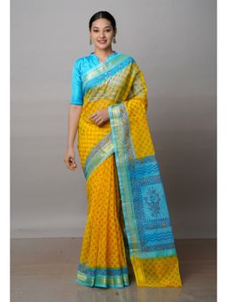 Unnati Silks - Yellow Pure Block Printed Kota Cotton Saree with Unstitched Blouse