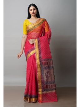 Unnati Silks - Red Pure Block Printed Kota Cotton Saree with Unstitched Blouse