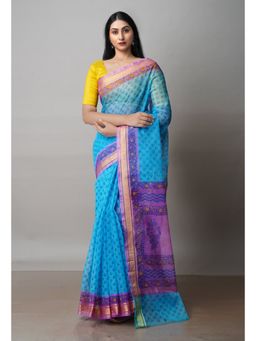 Unnati Silks - Blue Pure Block Printed Kota Cotton Saree with Unstitched Blouse