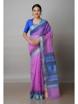 Unnati Silks - Pink Pure Block Printed Kota Cotton Saree with Unstitched Blouse