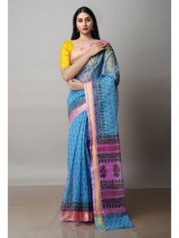 Unnati Silks - Blue Pure Block Printed Kota Cotton Saree with Unstitched Blouse