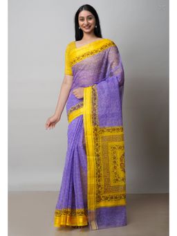 Unnati Silks - Purple Pure Block Printed Kota Cotton Saree with Unstitched Blouse