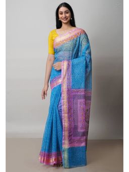 Unnati Silks - Blue Pure Block Printed Kota Cotton Saree with Unstitched Blouse
