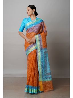 Unnati Silks - Orange Pure Block Printed Kota Cotton Saree with Unstitched Blouse