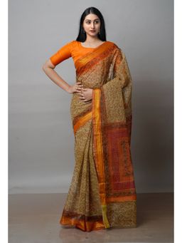 Unnati Silks - Beige Pure Block Printed Kota Cotton Saree with Unstitched Blouse