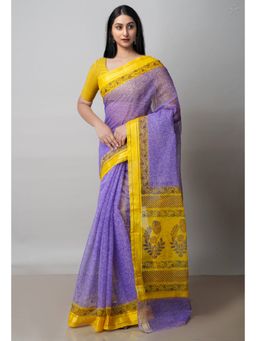 Unnati Silks - Purple Pure Block Printed Kota Cotton Saree with Unstitched Blouse