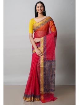 Unnati Silks - Red Pure Block Printed Kota Cotton Saree with Unstitched Blouse