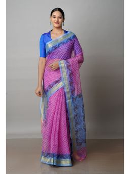 Unnati Silks - Pink Pure Block Printed Kota Cotton Saree with Unstitched Blouse