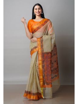 Unnati Silks - Beige Pure Block Printed Kota Cotton Saree with Unstitched Blouse