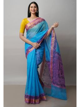 Unnati Silks - Blue Pure Block Printed Kota Cotton Saree with Unstitched Blouse