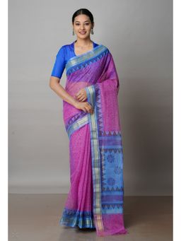 Unnati Silks - Pink Pure Block Printed Kota Cotton Saree with Unstitched Blouse