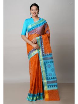 Unnati Silks - Orange Pure Block Printed Kota Cotton Saree with Unstitched Blouse