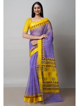 Unnati Silks - Purple Pure Block Printed Kota Cotton Saree with Unstitched Blouse