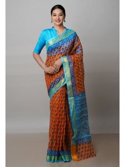 Unnati Silks - Orange Pure Block Printed Kota Cotton Saree with Unstitched Blouse