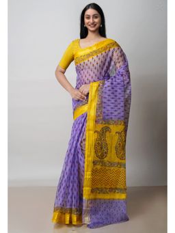 Unnati Silks - Purple Pure Block Printed Kota Cotton Saree with Unstitched Blouse