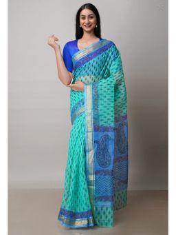 Unnati Silks - Green Pure Block Printed Kota Cotton Saree with Unstitched Blouse