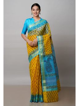 Unnati Silks - Yellow Pure Block Printed Kota Cotton Saree with Unstitched Blouse