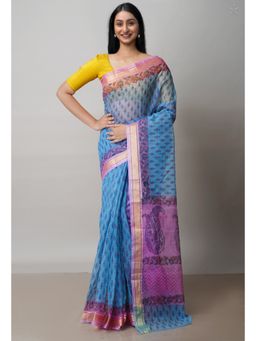 Unnati Silks - Blue Pure Block Printed Kota Cotton Saree with Unstitched Blouse