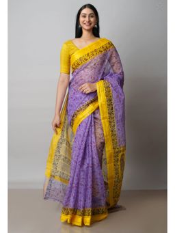 Unnati Silks - Purple Pure Block Printed Kota Cotton Saree with Unstitched Blouse
