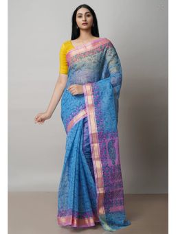 Unnati Silks - Blue Pure Block Printed Kota Cotton Saree with Unstitched Blouse