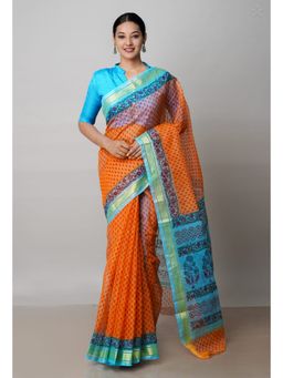 Unnati Silks - Orange Pure Block Printed Kota Cotton Saree with Unstitched Blouse