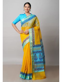 Unnati Silks - Yellow Pure Block Printed Kota Cotton Saree with Unstitched Blouse