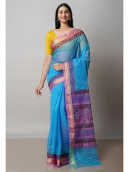 Unnati Silks - Blue Pure Block Printed Kota Cotton Saree with Unstitched Blouse
