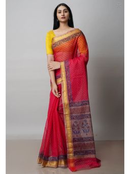 Unnati Silks - Red Pure Block Printed Kota Cotton Saree with Unstitched Blouse
