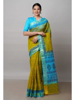 Unnati Silks - Yellow Pure Block Printed Kota Cotton Saree with Unstitched Blouse