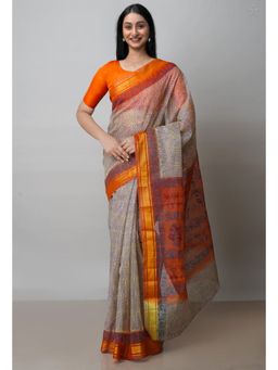 Unnati Silks - Beige Pure Block Printed Kota Cotton Saree with Unstitched Blouse
