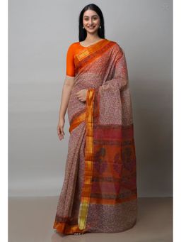 Unnati Silks - Beige Pure Block Printed Kota Cotton Saree with Unstitched Blouse