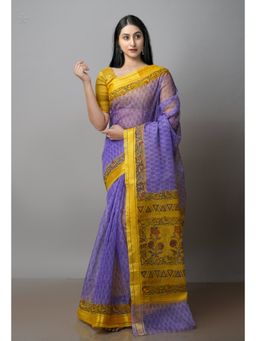 Unnati Silks - Purple Pure Block Printed Kota Cotton Saree with Unstitched Blouse