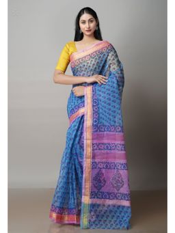 Unnati Silks - Blue Pure Block Printed Kota Cotton Saree with Unstitched Blouse