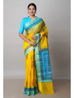 Unnati Silks - Yellow Pure Block Printed Kota Cotton Saree with Unstitched Blouse