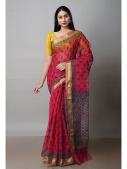 Unnati Silks - Red Pure Block Printed Kota Cotton Saree with Unstitched Blouse