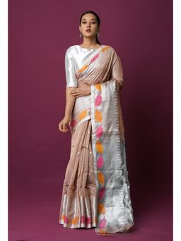 Unnati Silks - Beige Handloom Jamdani Bengal Sico Saree with Unstitched Blouse