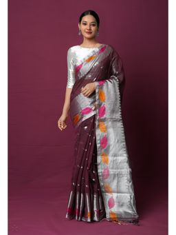 Unnati Silks - Dark Grape Wine Handloom Jamdani Bengal Sico Saree with Unstitched Blouse