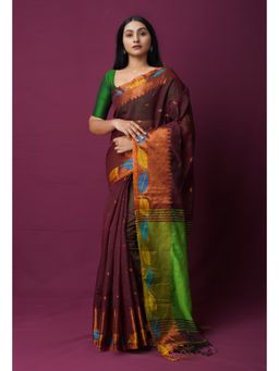 Unnati Silks - Dark Wine Handloom Jamdani Bengal Sico Saree with Unstitched Blouse