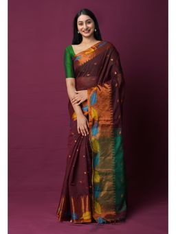 Unnati Silks - Dark Wine Handloom Jamdani Bengal Sico Saree with Unstitched Blouse