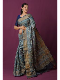 Unnati Silks - Bluish Grey Dyed Printed Embroidered Saree with Unstitched Blouse