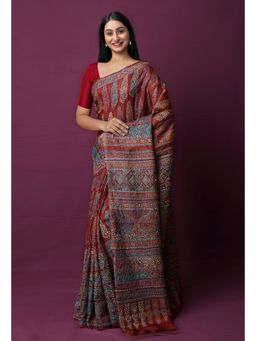 Unnati Silks - Red Dyed Printed French Knot Stitch Embroidered Saree with Unstitched Blouse