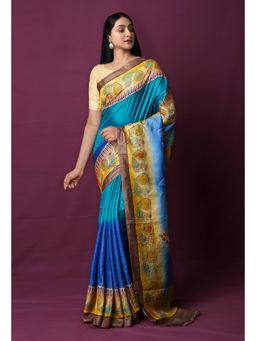 Unnati Silks - Navy Blue Pure Handloom Dyed Printed Embroidered Saree with Unstitched Blouse