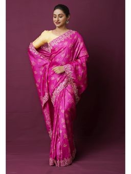 Unnati Silks - Pink Pure Handloom Block Printed Embroidered Saree with Unstitched Blouse