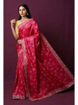 Unnati Silks - Cerise Pink Pure Handloom Block Printed Embroidered Saree with Unstitched Blouse