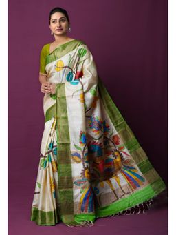 Unnati Silks - Off White Pure Handloom Dyed Printed Embroidered Saree with Unstitched Blouse
