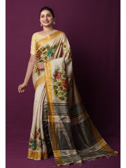 Unnati Silks - Beige Pure Handloom Dyed Printed Embroidered Saree with Unstitched Blouse